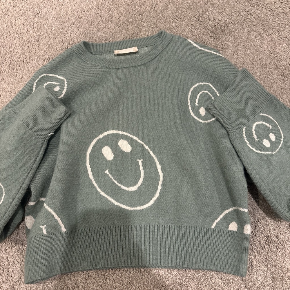 Altar'd State Green and White Crew Neck Sweater with Smiley Faces